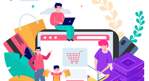 Ilustración de e-commerce: tablet con carrito y personas junto a racks de servidores VPS