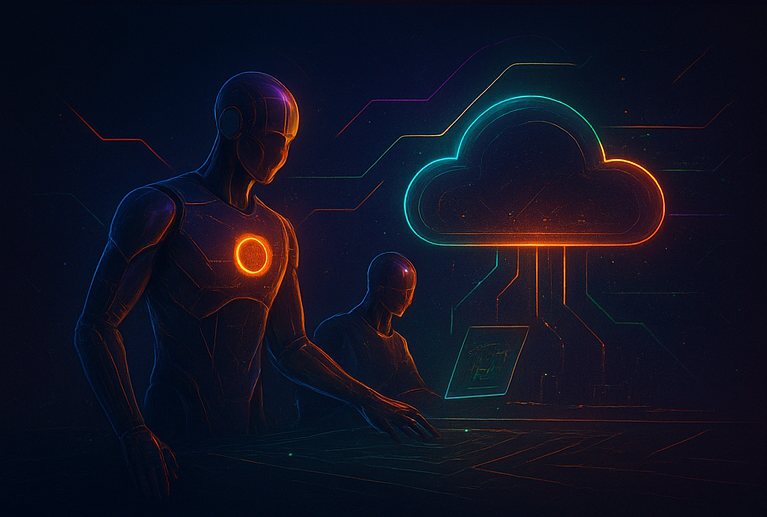 Figuras tecnológicas trabajando frente a una nube digital, simbolizando un servicio que administre mi nube empresarial
