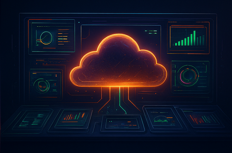 Paneles holográficos y nube iluminada que representan la supervisión y control de un servicio que administre mi nube empresarial