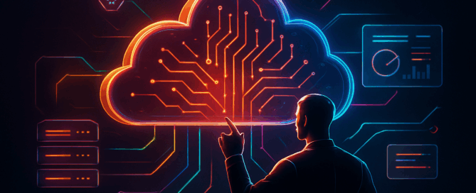Ilustración futurista con figura humana controlando una nube digital luminosa que simboliza un servicio que administre mi nube empresarial con soporte especializado