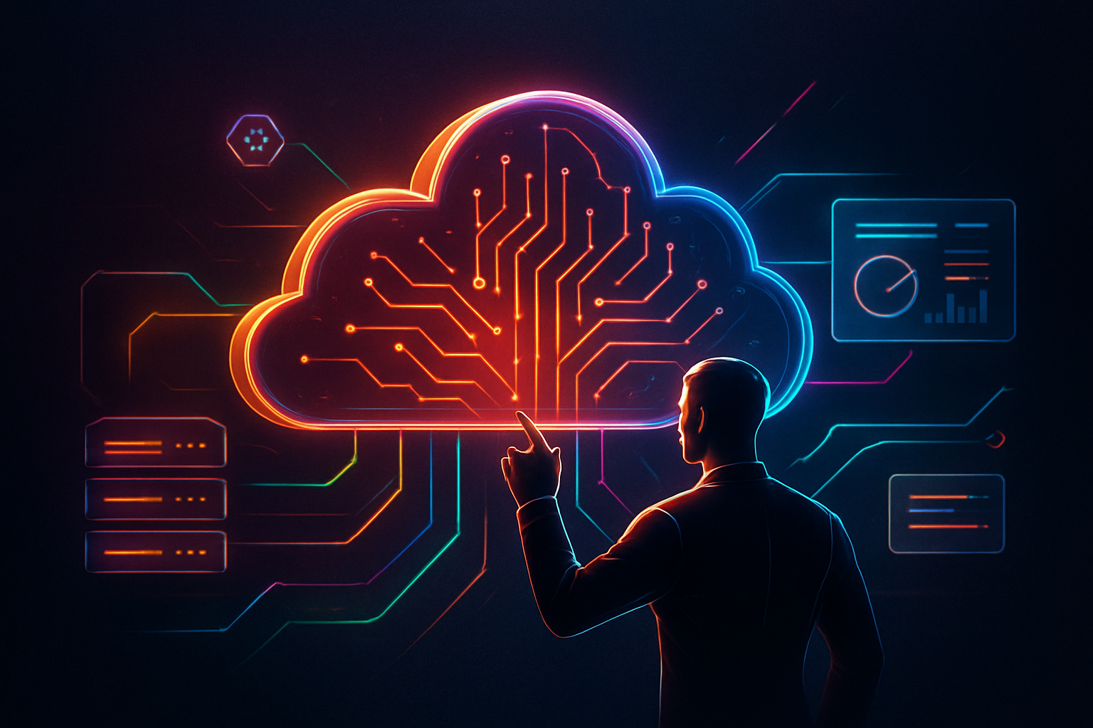 Ilustración futurista con figura humana controlando una nube digital luminosa que simboliza un servicio que administre mi nube empresarial con soporte especializado