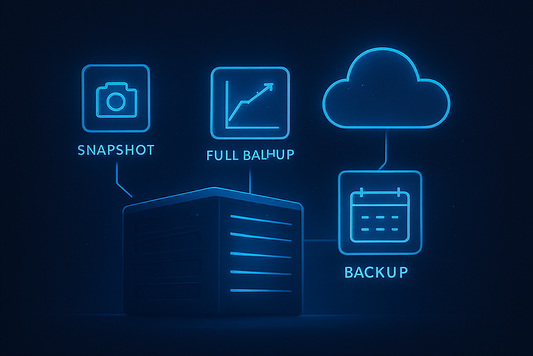 Panel holográfico con snapshot, backup completo y calendario de retención para respaldos en servidores VPS nube.