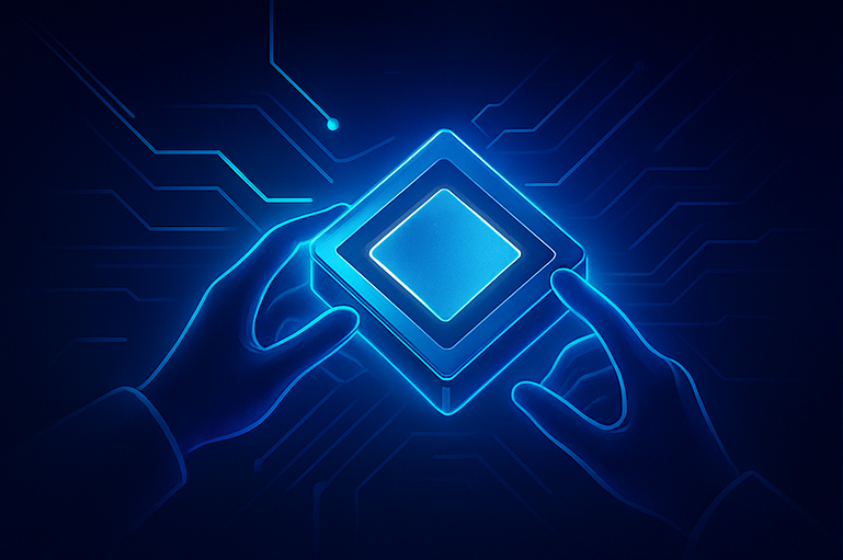 Ilustración de un módulo tecnológico siendo configurado, representando el inicio de una plataforma con asistencia para implementar software empresarial en la nube.