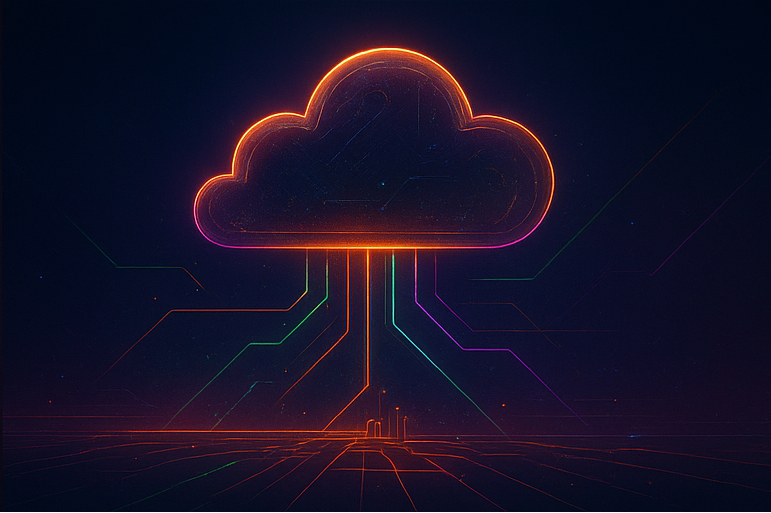 Líneas energéticas elevándose desde una nube metálica, representando el crecimiento con un servicio que administre mi nube empresarial