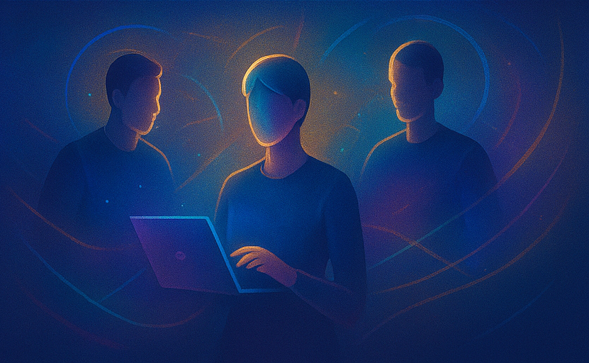 Tres profesionales conectados por flujos de energía controlando sistemas digitales, simbolizando un ecosistema integral en un servicio con respaldo automático y soporte para mis aplicaciones