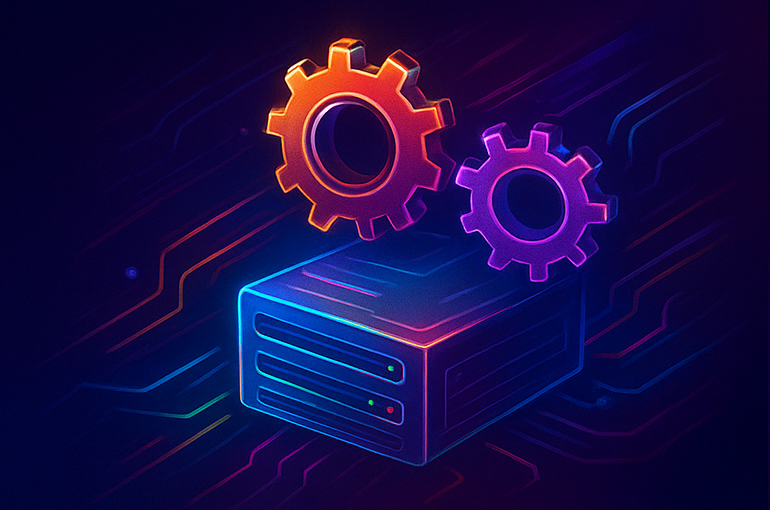 Ilustración futurista sobre la implementación de un sistema en línea con engranes y servidores, parte del proceso de una empresa que ayude a implementar y monitorear mi sistema en línea
