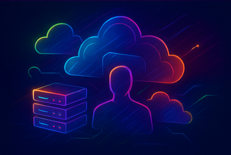 Infraestructura en la nube administrada por especialistas, representada con servidores y figuras abstractas, vinculada a una empresa que ayude a implementar y monitorear mi sistema en línea