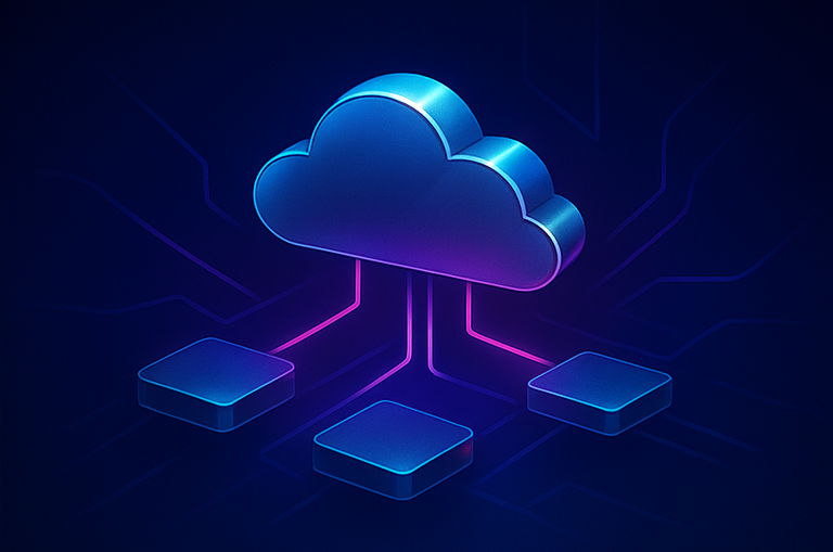 Ilustración metálica con una nube conectada a varias plataformas, mostrando la integración dentro de una plataforma con asistencia para implementar software empresarial en la nube.