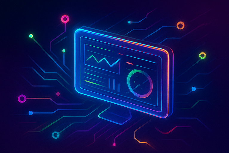 Panel holográfico multicolor que simboliza el monitoreo continuo realizado por una empresa que ayude a implementar y monitorear mi sistema en línea