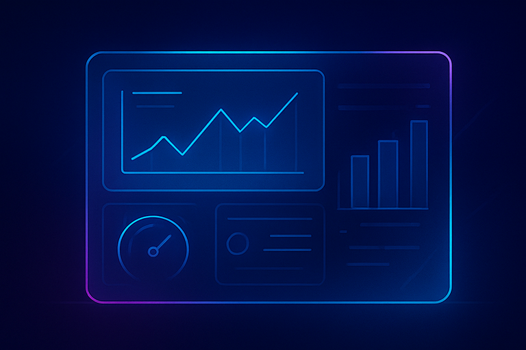 Panel de monitoreo holográfico que simboliza el seguimiento continuo dentro de una plataforma con asistencia para implementar software empresarial en la nube.
