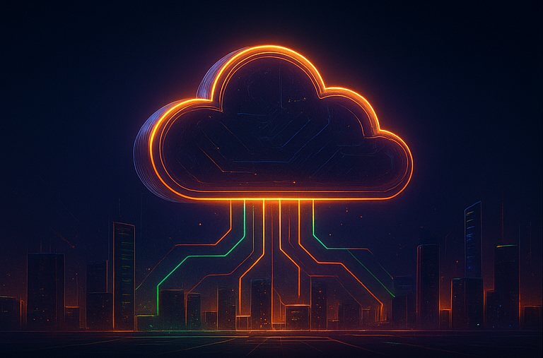 Ciudad digital conectada por una nube metálica brillante que simboliza un servicio que administre mi nube empresarial