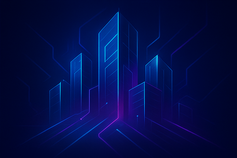 Ilustración de una ciudad digital metálica en crecimiento, representando los resultados de usar una plataforma con asistencia para implementar software empresarial en la nube.