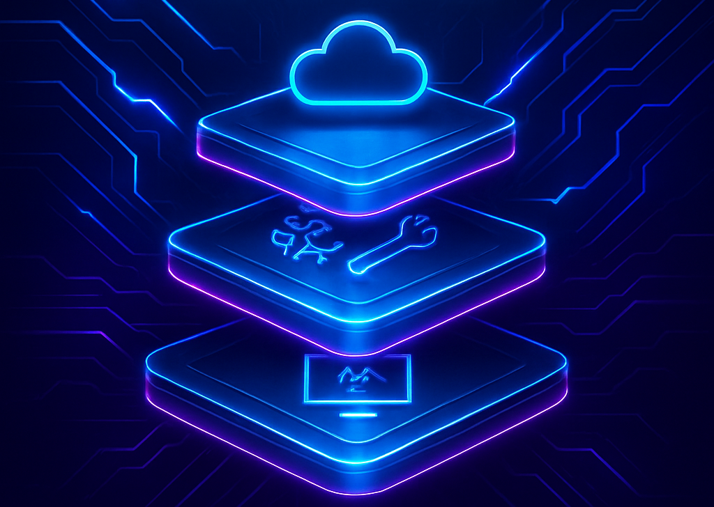 Ilustración futurista en tonos eléctricos y metálicos que muestra una plataforma con asistencia para implementar software empresarial en la nube representada en capas tecnológicas conectadas.