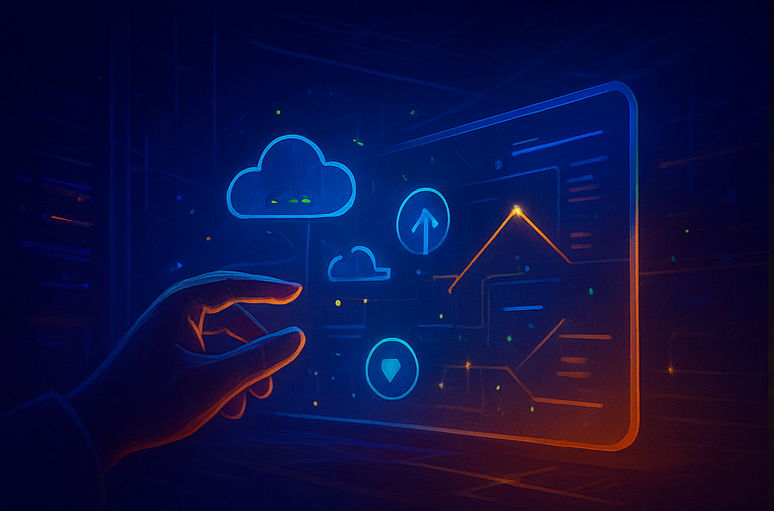 Mano interactuando con panel digital holográfico que representa la configuración inicial de un servidor realizada por un proveedor especializado.