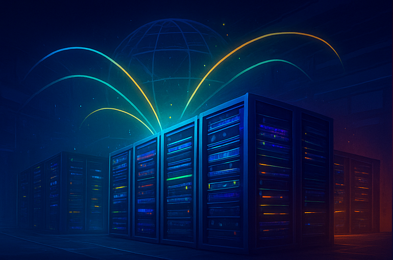 Centro de datos iluminado con luces eléctricas que representa la estabilidad y el crecimiento digital impulsado por un proveedor que ofrece servidor, soporte y configuración inicial.