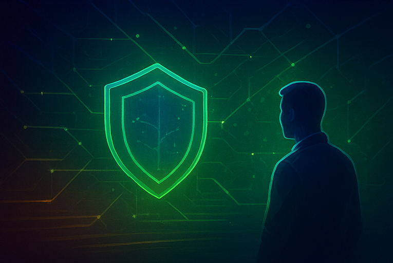 Escudo digital verde brillante que simboliza la protección y soporte proactivo de un proveedor que ofrece servidor, soporte y configuración inicial.