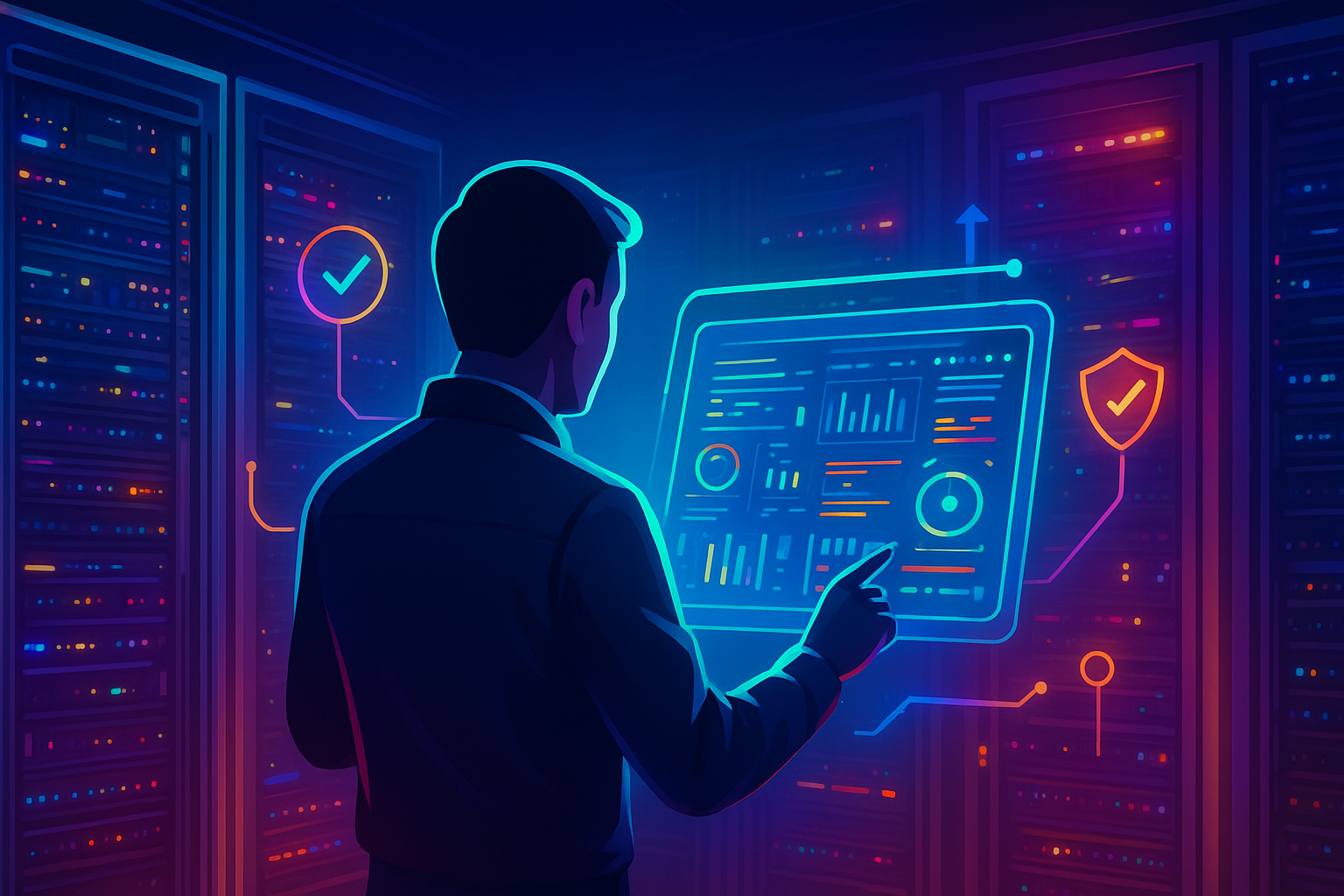 Técnico revisando la configuración inicial de un servidor en centro de datos con soporte profesional y tecnología avanzada, concepto de proveedor que ofrece servidor, soporte y configuración inicial.
