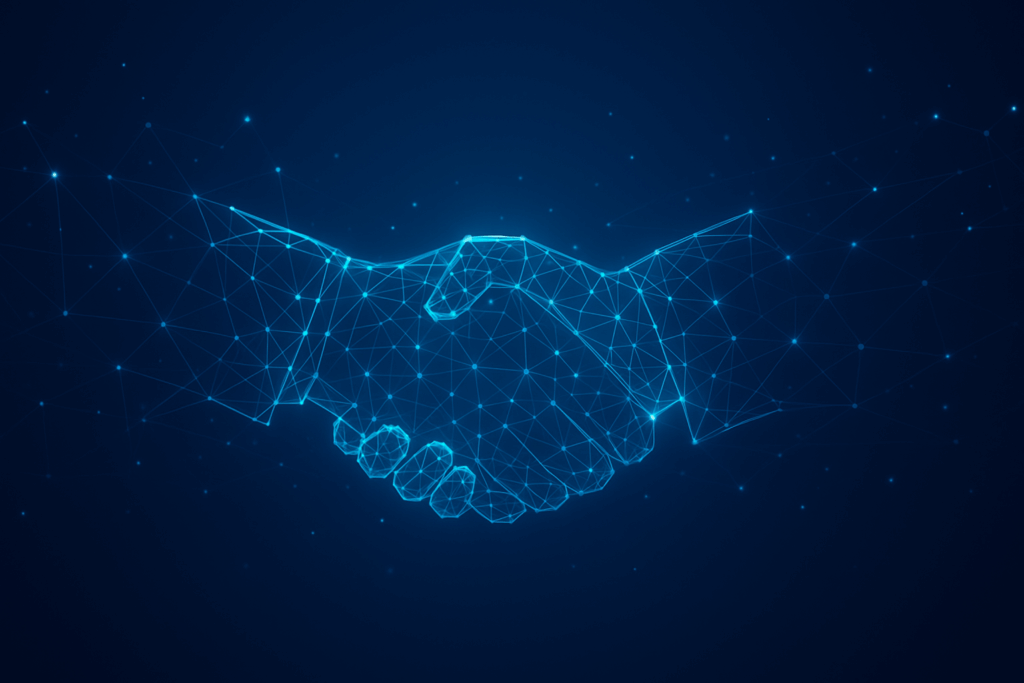 Apretón de manos digital entre socios tecnológicos que representa la alianza entre empresa y proveedor que ofrece servidor, soporte y configuración inicial.