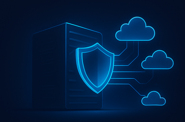 Servidor protegido con escudo digital y nubes conectadas que representan respaldos para servidores VPS nube.