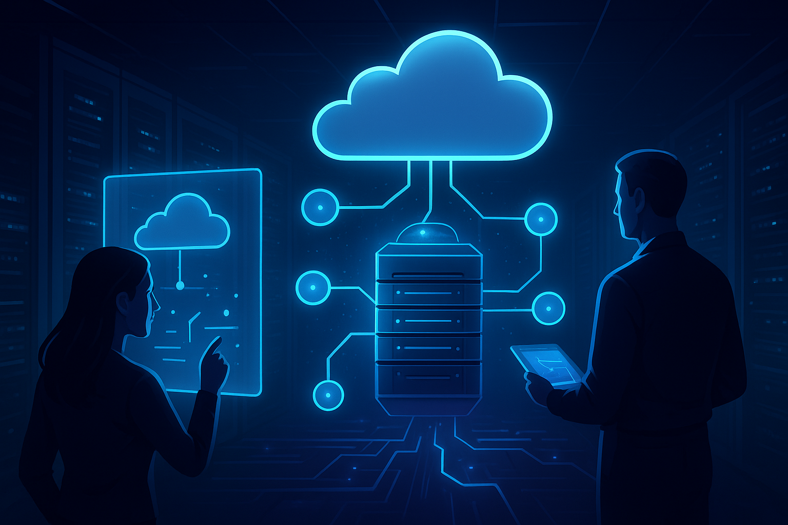 Ilustración tecnológica que representa respaldos para servidores VPS nube, con servidores metálicos y dos técnicos interactuando con hologramas de copias en la nube