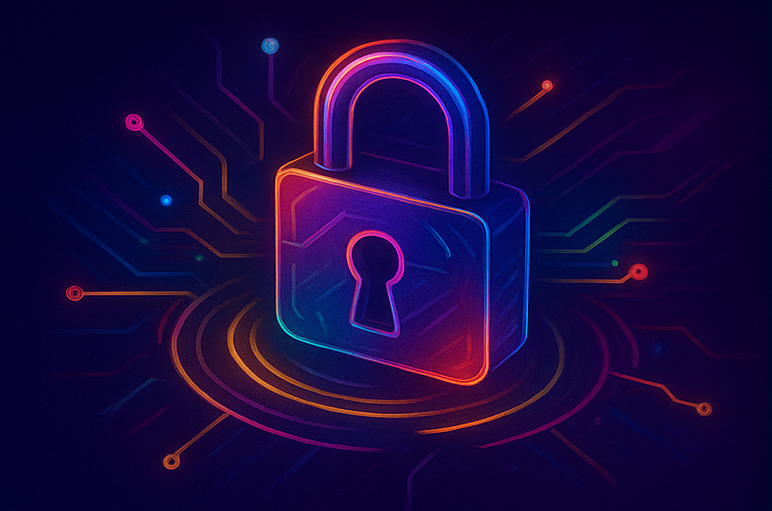 Candado holográfico metálico que representa la seguridad del sistema ofrecida por una empresa que ayude a implementar y monitorear mi sistema en línea