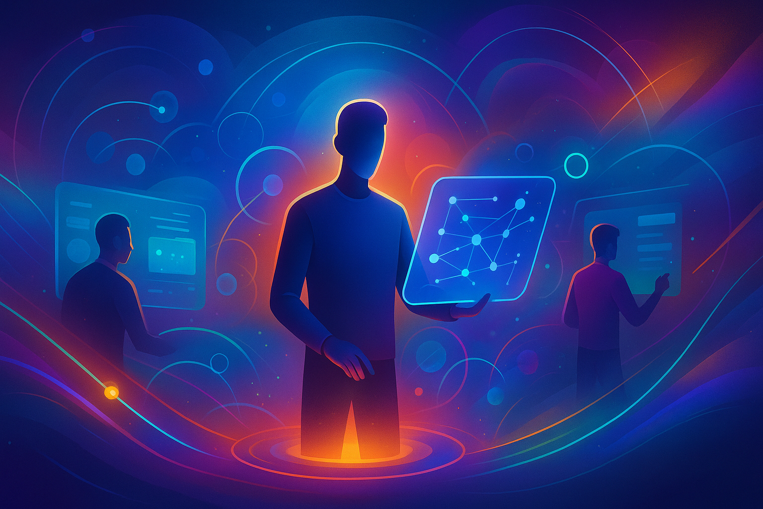 Ilustración digital futurista con profesionales gestionando paneles de datos y redes, representando un servicio con respaldo automático y soporte para mis aplicaciones en la nube.