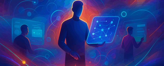 Ilustración digital futurista con profesionales gestionando paneles de datos y redes, representando un servicio con respaldo automático y soporte para mis aplicaciones en la nube.