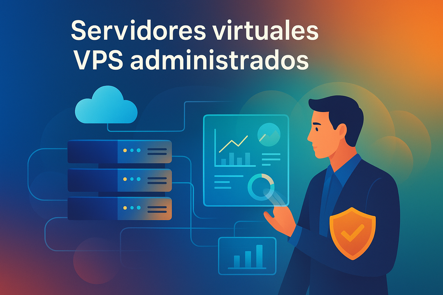 Administrador profesional gestionando servidores virtuales VPS administrados con soporte técnico y monitoreo en la nube
