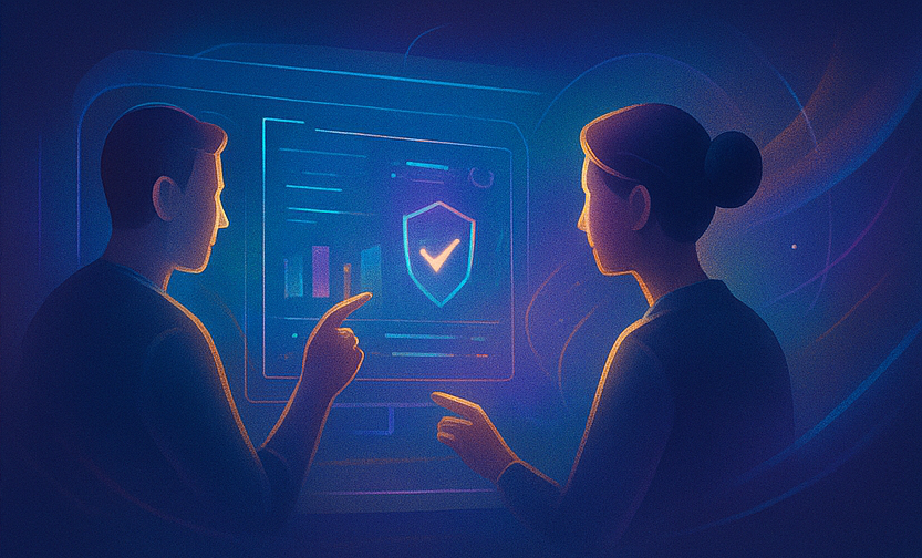 Dos técnicos colaborando frente a paneles holográficos, representando un soporte proactivo dentro de un servicio con respaldo automático y soporte para mis aplicaciones