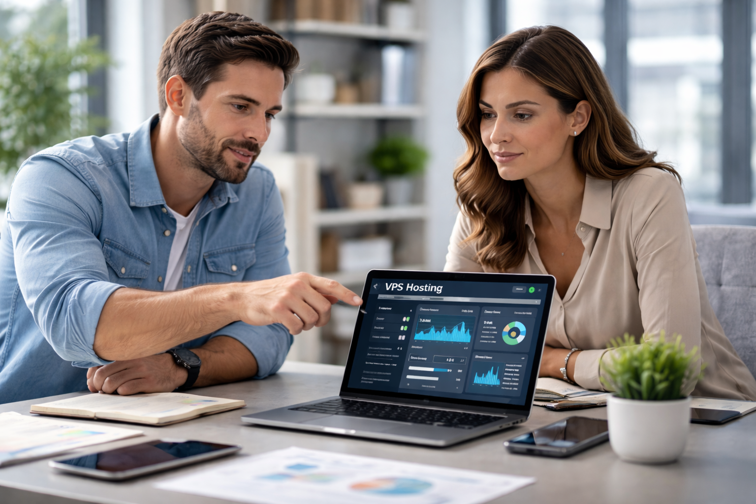 empresarios analizando infraestructura cloud y servidores vps