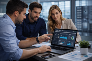 Análisis de rendimiento de servidores VPS team analyzing VPS server performance metrics