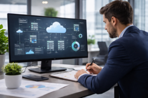 Evaluación estratégica de infraestructura VPS empresario analizando arquitectura cloud y servidores vps