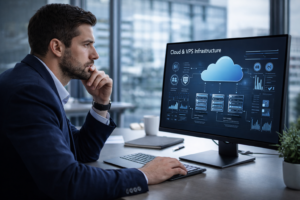 Evaluación estratégica de infraestructura cloud business professional evaluating cloud VPS infrastructure