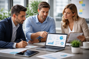 Equipo empresarial evaluando proveedores tecnológicos business team discussing VPS hosting provider options