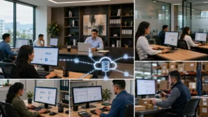 VPS empresarial con usuarios y sucursales conectados a sistemas administrativos centralizados