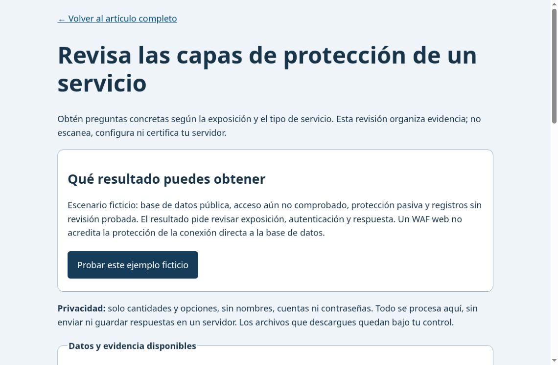 Vista inicial real de la herramienta para revisar exposición, controles y responsables de un servicio.